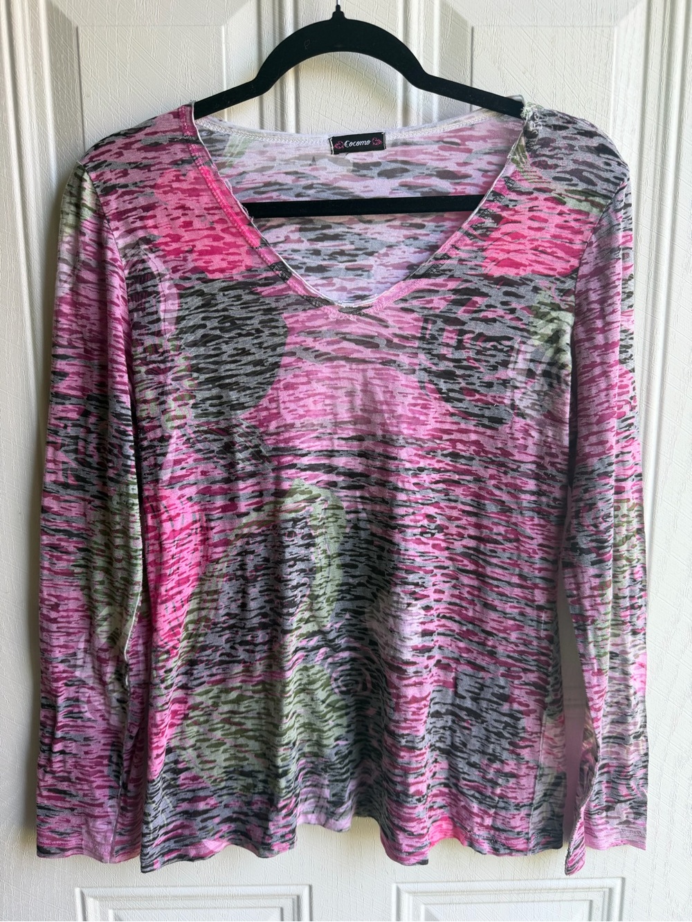 Cocomo Y2K Pink Burnout Rose Print Mesh Top Sheer Stretch Long Sleeve